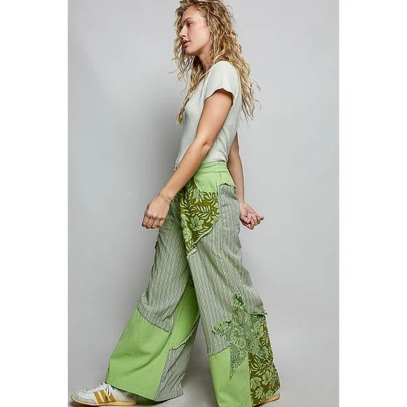 POL Green Patchwork Star Straight Leg Pants Floral Stripe Boho LARGE - Picture 1 of 7